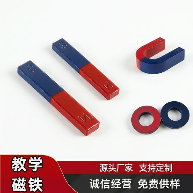 Educational ferrite bar and horseshoe magnets in red-blue teaching colors.