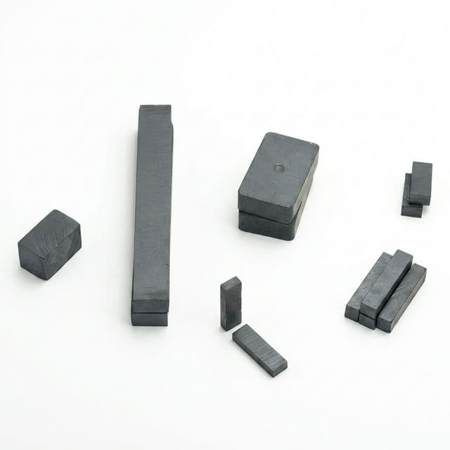 Scattered ferrite block magnets in multiple dimensions for procurement size planning.