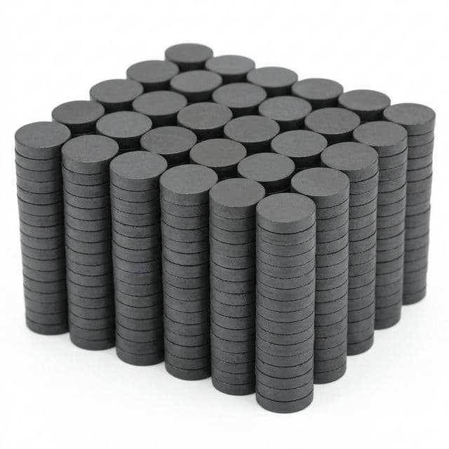 Bulk ferrite disc magnets in uniform stacked grid for wholesale production lots.