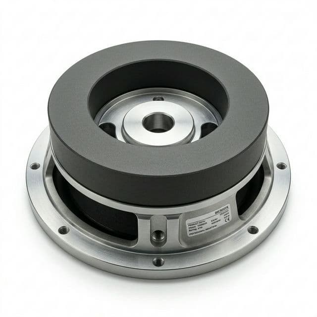 Large ferrite ring magnet bonded to speaker backplate for high-power audio systems.