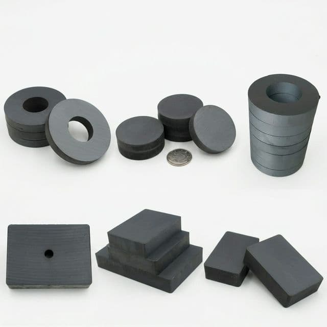 Mixed ferrite ring, disc, and block samples shown with size reference for format selection.